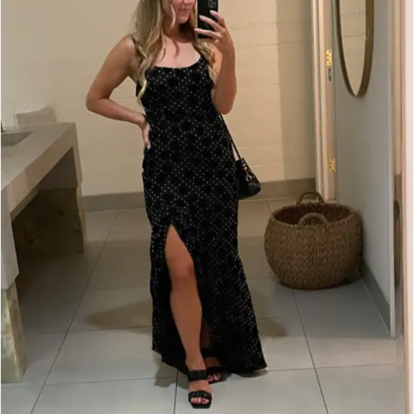 Hutch Black Burnout Velvet Slip Maxi Dress SIZE 0 Polkadot Ruffle Slit Gown $363 - Picture 9 of 12